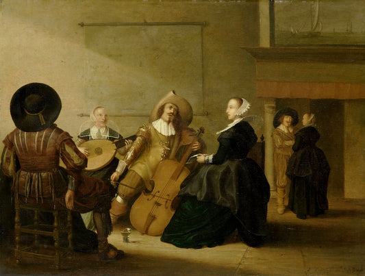 Interiorscene with people playing musical instruments, vintage artwork by Pieter Symonsz Potter, 12x8" (A4) Poster