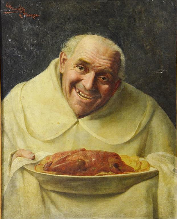 Monk with roasted fowl, vintage artwork by Claudio Rinaldi, 12x8" (A4) Poster