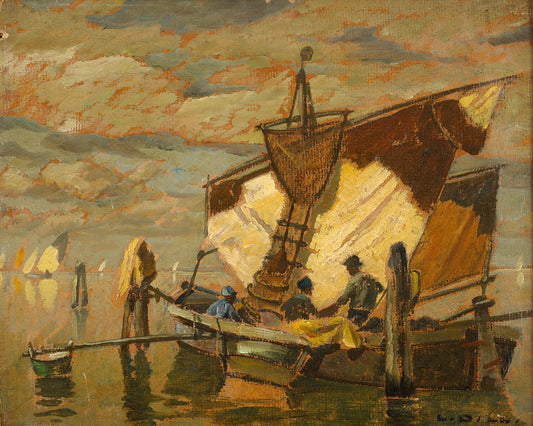 Fishing in the Lagoon, vintage artwork by Ludwig Dill, 12x8" (A4) Poster