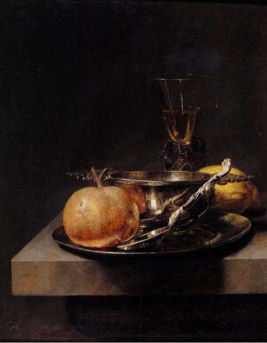 A Still Life of a Silver Brandy Cup, a Silver Spoon, an Apple, a Lemon, etc., vintage artwork by Cornelis Kick, 12x8" (A4) Poster