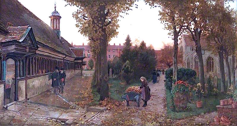 Long Alley Almshouses and St Helen's Churchyard, Abingdon, Oxfordshire, vintage artwork by Harry Goodwin, 12x8" (A4) Poster
