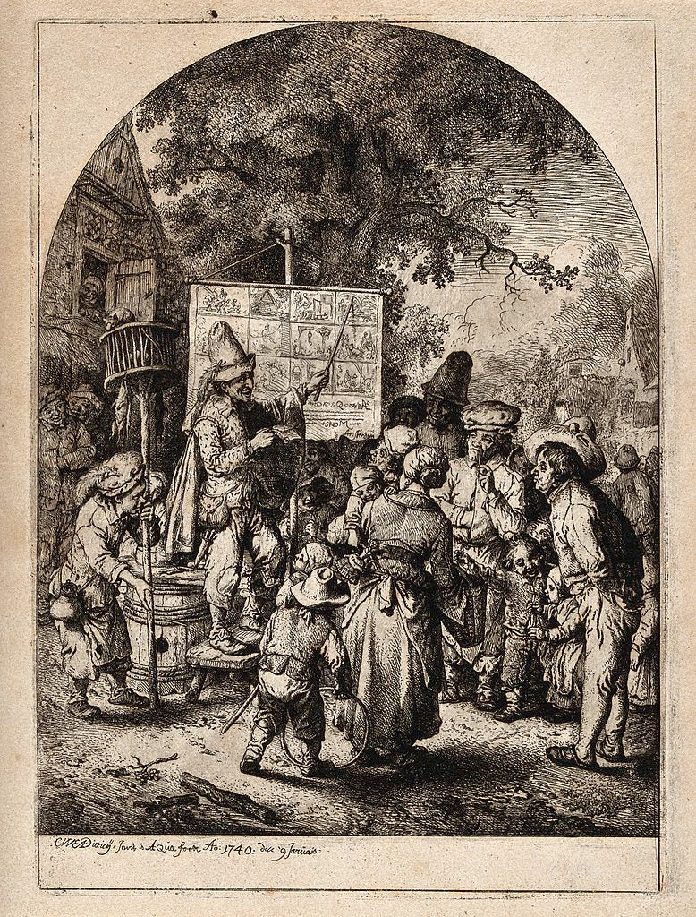 A crowd gathered around a mountebank who points to a banner, vintage artwork by Christian Wilhelm Ernst Dietrich, 12x8" (A4) Poster