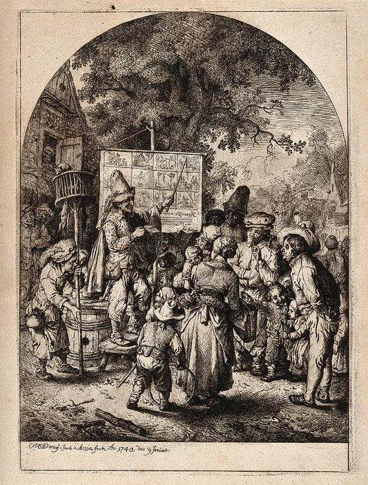 A crowd gathered around a mountebank who points to a banner, vintage artwork by Christian Wilhelm Ernst Dietrich, 12x8" (A4) Poster