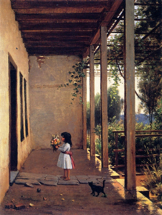 Padre's Porch, San Gabriel Mission, vintage artwork by Virgil Macey Williams, 12x8" (A4) Poster