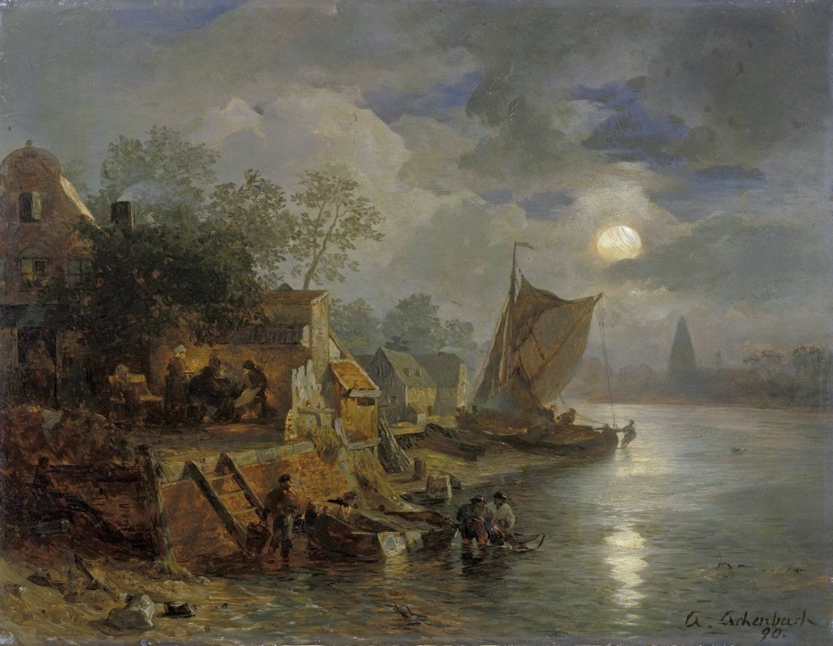 Nightly Coastal Landscape with Fisherboats, vintage artwork by Andreas Achenbach, A3 (16x12") Poster Print