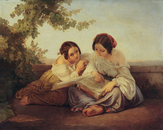Girls Reading, vintage artwork by Alfred von Schussler, A3 (16x12") Poster Print