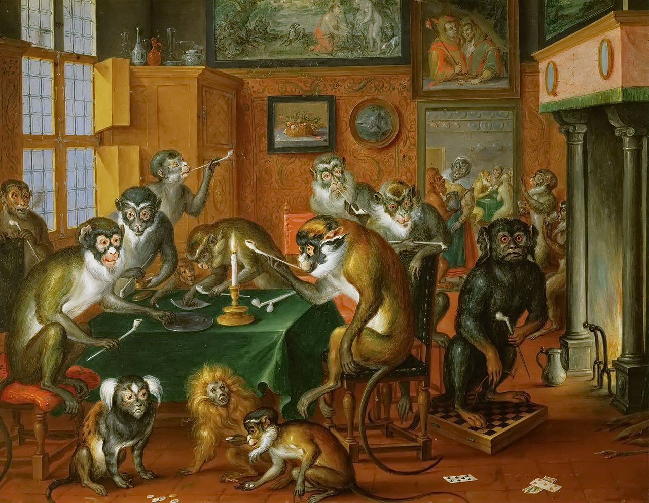 Monkeys Smoking, vintage artwork by Abraham Teniers, 12x8" (A4) Poster