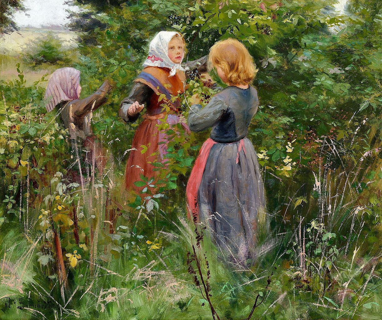 Girls Picking Blackberries, vintage artwork by Hans Andersen Brendekilde, 12x8" (A4) Poster