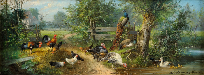 Birds at the castle pond by Julius Scheuerer,A3(16x12