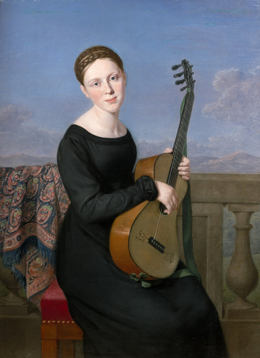 Young woman in the black dress, playing the guitar, vintage artwork by Adèle Romany, 12x8" (A4) Poster