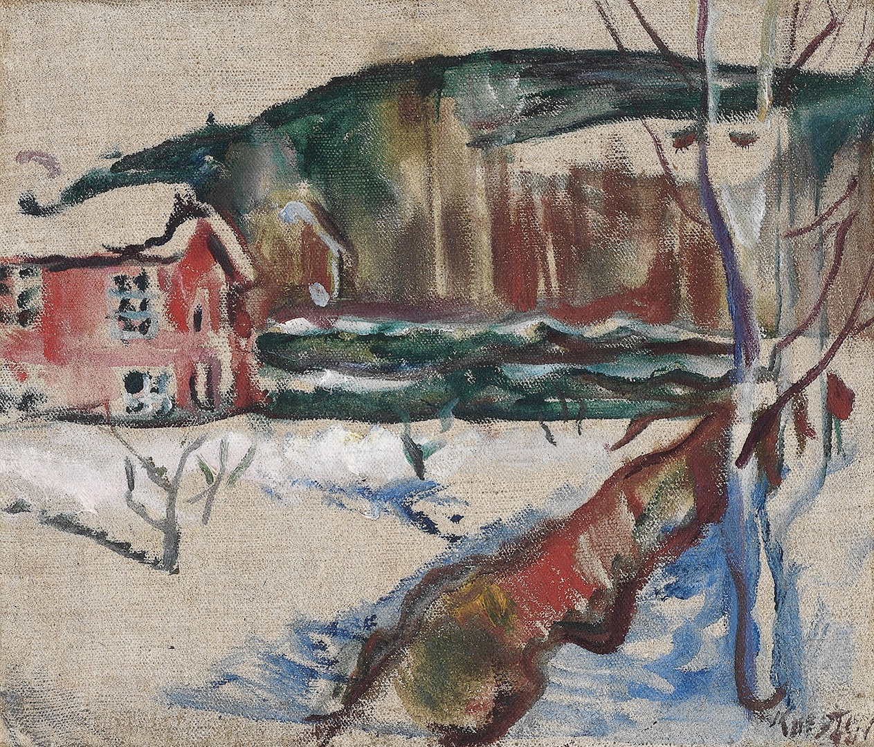 Landscape with Red House, vintage artwork by Ludwig Karsten, 12x8" (A4) Poster
