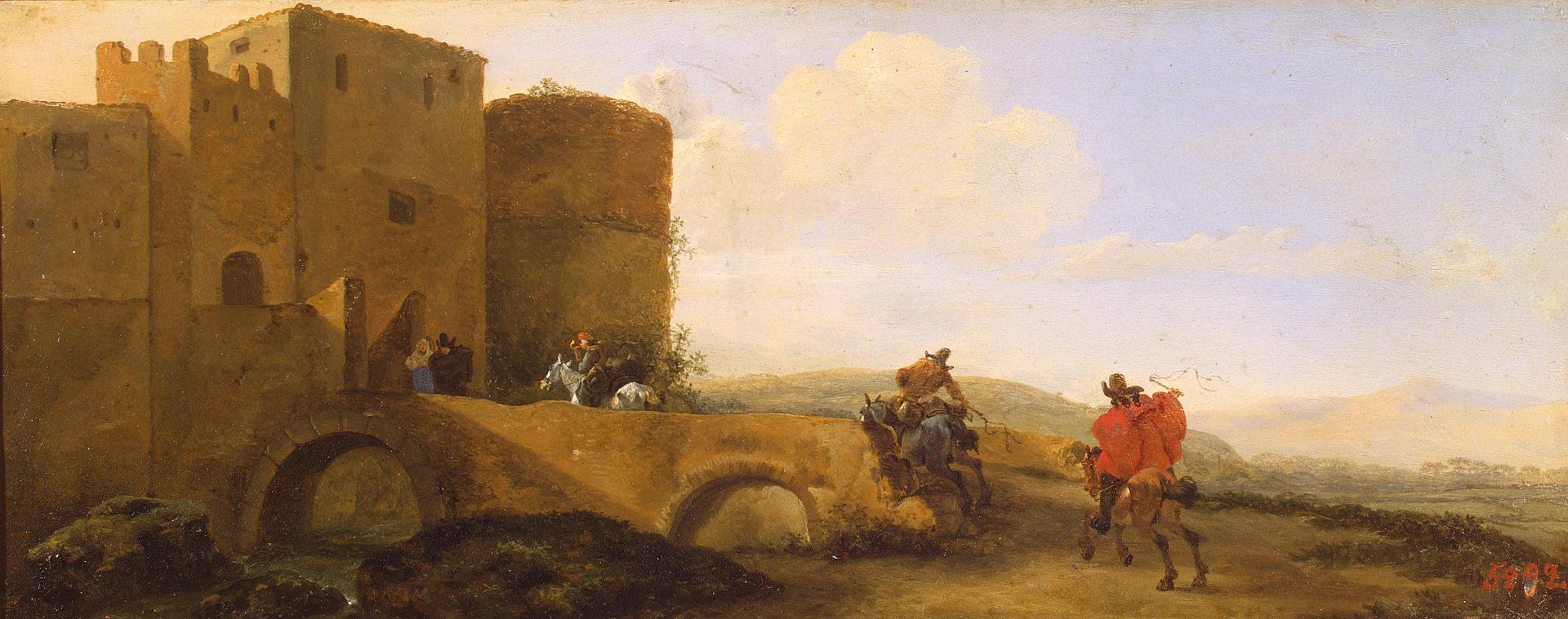 Riders Galloping towards the Gates of the Fortress, vintage artwork by Jan Asselijn, 12x8" (A4) Poster