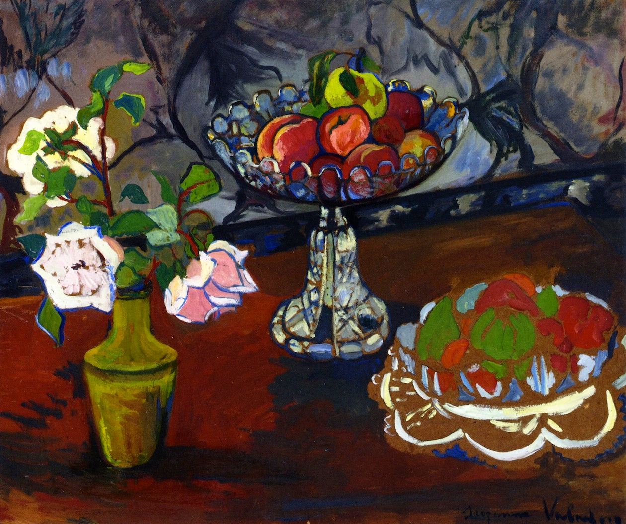 Still Life with Bouquet of Roses and Bowls of Fruit, vintage artwork by Suzanne Valadon, 12x8" (A4) Poster