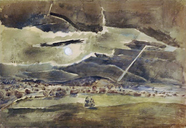 Landscape of the Vale - Moonlight, vintage artwork by Paul Nash, 12x8" (A4) Poster