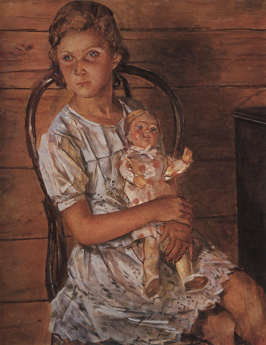 Girl with Doll, vintage artwork by Kuzma Petrov-Vodkin, 12x8" (A4) Poster