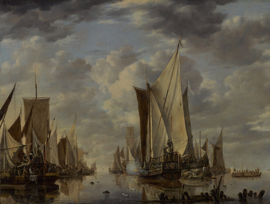 Shipping in a Calm at Flushing with a States General Yacht Firing a Salute, vintage artwork by Jan van de Cappelle, 12x8" (A4) Poster