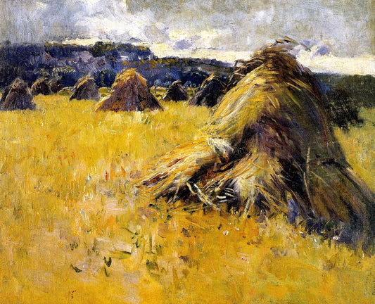 Haystacks at Sunset, vintage artwork by Dawson Dawson-Watson, 12x8" (A4) Poster