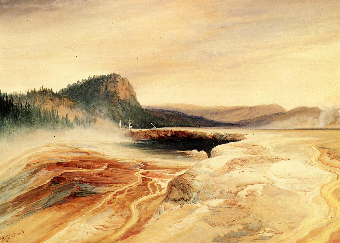 Giant Blue Spring, Yellowstone, vintage artwork by Thomas Moran, 12x8" (A4) Poster