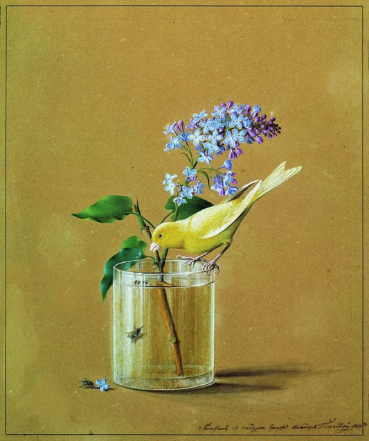 Lilac branch and canary, vintage artwork by Fedor Tolstoy, 12x8" (A4) Poster