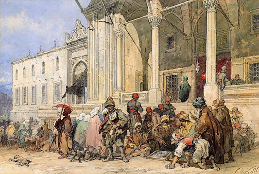 A Market in front of the New Mosque (Yeni Came), Constantinople, vintage artwork by Count Amadeo Preziosi, A3 (16x12") Poster Print