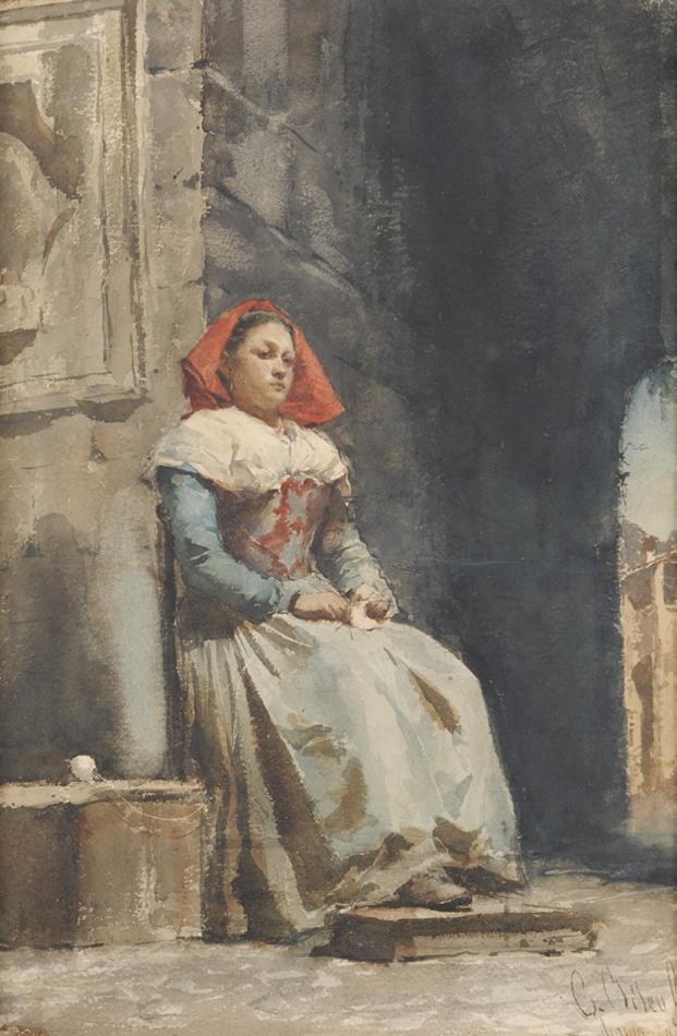 Young Italian Woman Knitting in a Courtyard, vintage artwork by Cesare Biseo, 12x8" (A4) Poster