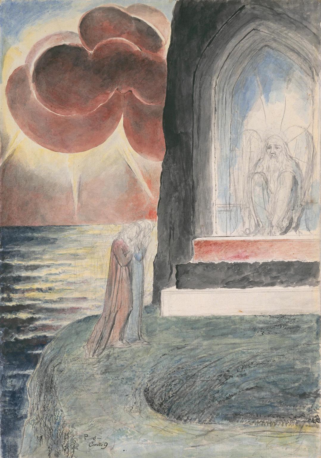 Dante and Virgil Approaching the Angel Who Guards the Entrance of Purgatory, vintage artwork by William Blake, 12x8" (A4) Poster