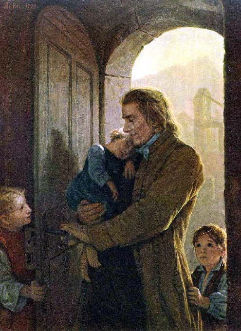 Heinrich Pestalozzi and the Orphans in Stans, vintage artwork by Albert Anker, 12x8" (A4) Poster