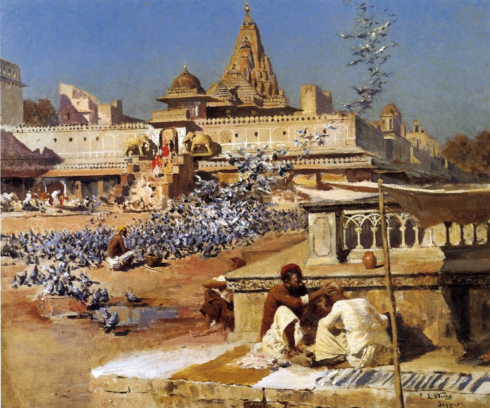 Feeding the Sacred Pigeons, Jaipur, vintage artwork by Edwin Lord Weeks, 12x8" (A4) Poster