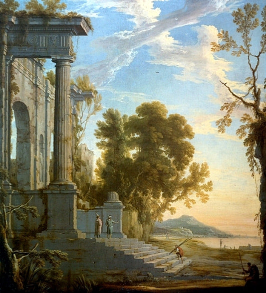People on the Steps of a Destroyed Palace, vintage artwork by Henri Mauperche, 12x8" (A4) Poster
