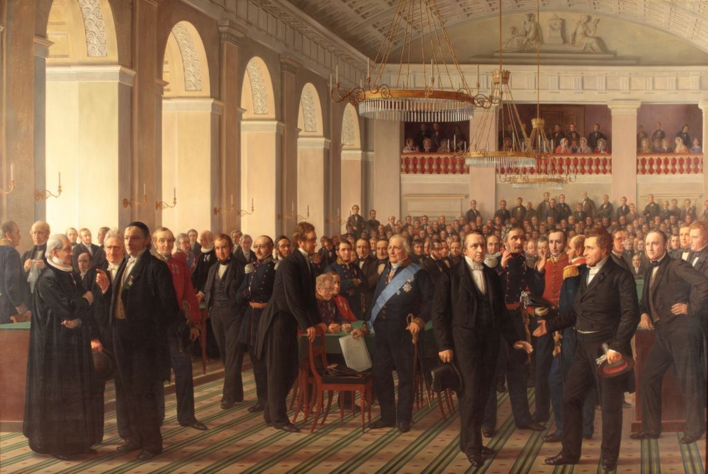 The fathers of the Danish constitution assembled in Copenhagen on October 23, 1848, vintage artwork by Constantin Hansen, A3 (16x12") Poster Print