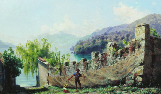 Italian Landscape with Fisherman Drying His Nets, vintage artwork by Fedor Bronnikov, 12x8" (A4) Poster