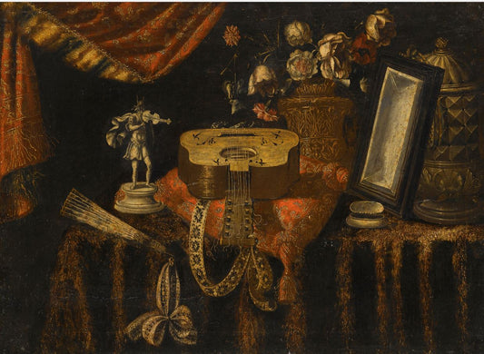 A still life with a guitar, a fan, a statuette of a violinist, a snuff box, a mirror and flowers, all on a draped table, vintage artwork by Francesco Fieravino, 12x8" (A4) Poster