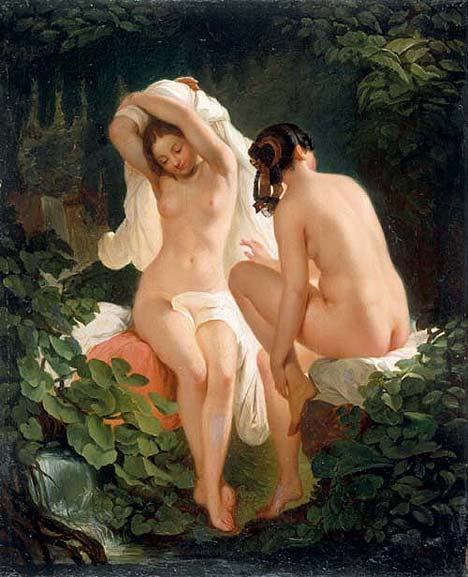 Two Female Bathers, vintage artwork by August Riedel, A3 (16x12") Poster Print