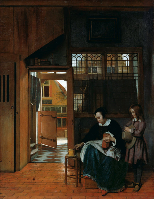 A Woman Preparing Bread and Butter for a Boy, vintage artwork by Pieter de Hooch, 12x8" (A4) Poster