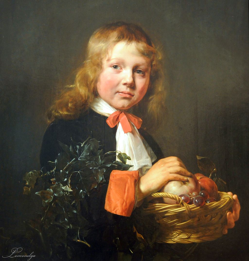 Portrait of a Boy Holding a Basket of Fruit, vintage artwork by Jan de Bray, 12x8" (A4) Poster