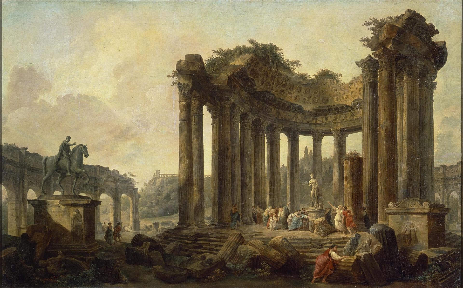 Landscape with the Ruins of the Round Temple, with a Statue of Venus and a Monument to Marcus Aureli, vintage artwork by Hubert Robert, 12x8" (A4) Poster