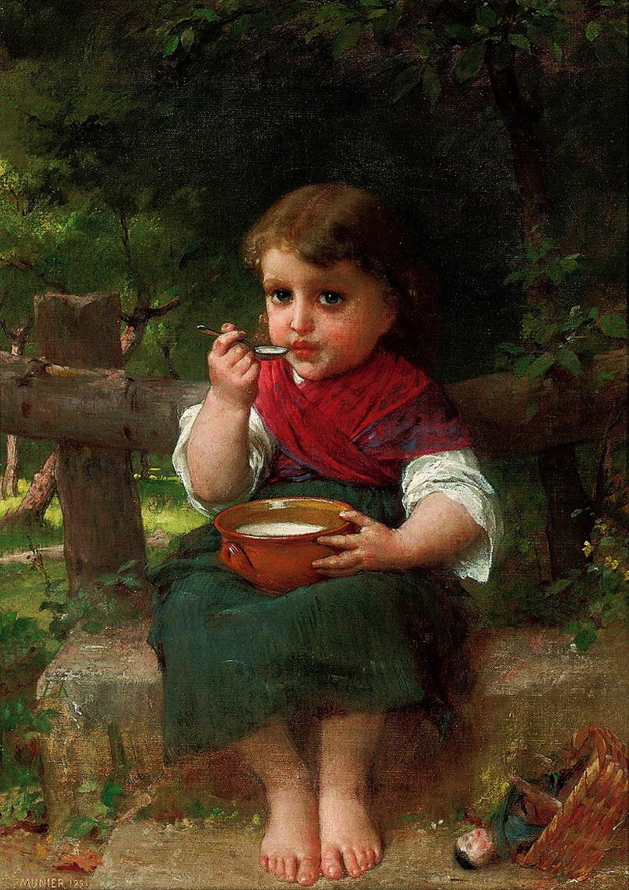 A Bowl of Milk, vintage artwork by Émile Munier, 12x8" (A4) Poster