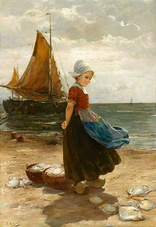 A Volendam Girl on the Beach by Edmond Louyot,A3(16x12")Poster