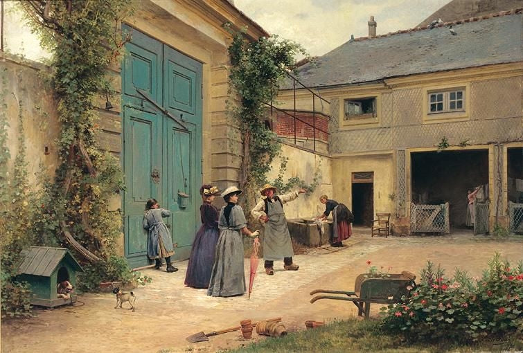 Demoiselles en visite a la ferme, vintage artwork by Louis-Emile Adan, 12x8" (A4) Poster