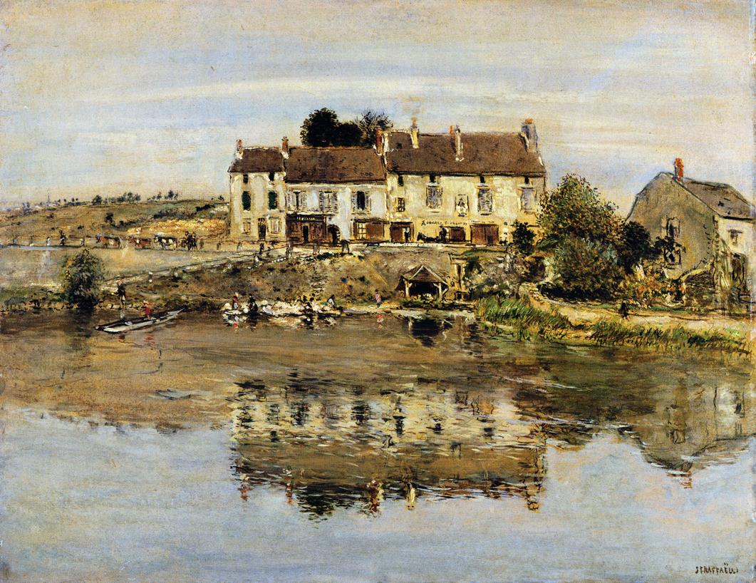 Small Houses on the Banks of the Oise, vintage artwork by Jean-François Raffaëlli, 12x8" (A4) Poster