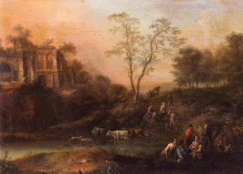 Figures and Animals before Ruins (1), vintage artwork by Johann (Jan) Christian Vollerdt, 12x8" (A4) Poster
