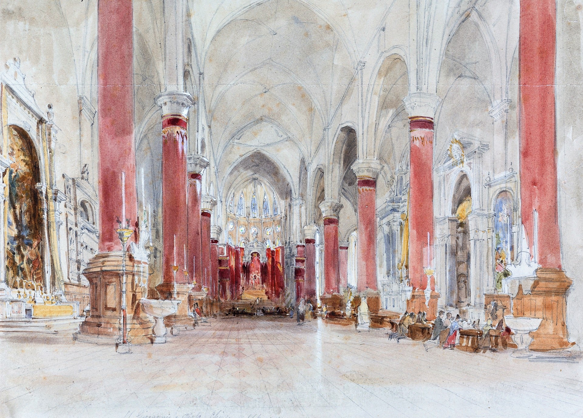 Interior of the Church of San Giovanni e Paolo, Venice, vintage artwork by James Holland, A3 (16x12") Poster Print