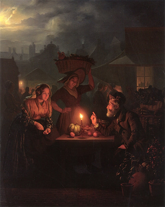 A Stalhouder with Fruit, Vegetables and Flowers at a Night Market, vintage artwork by Petrus van Schendel, A3 (16x12") Poster Print