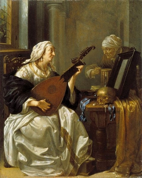 Woman playing a theorbe lute, vintage artwork by Jacob Duck, 12x8" (A4) Poster