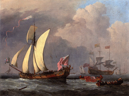 An English Royal Yacht with Charles II aboard...., vintage artwork by Willem van de Velde the Younger, 12x8" (A4) Poster