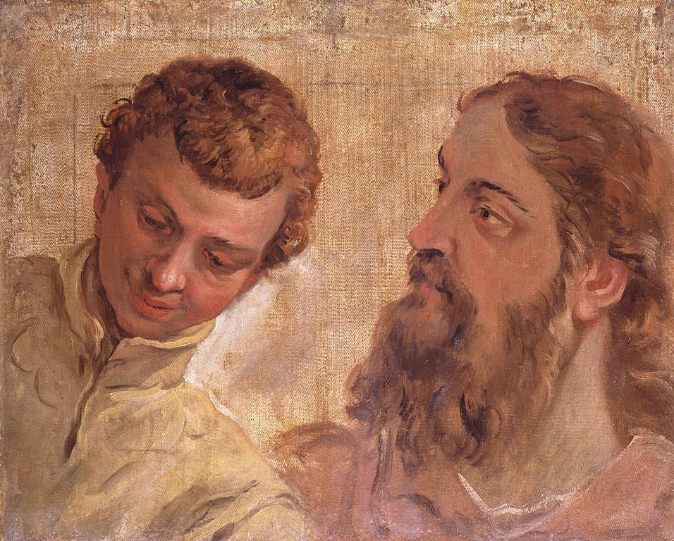 Heads of a Boy and a Bearded Man (an Apostle?), vintage artwork by Sebastiano Ricci, 12x8" (A4) Poster