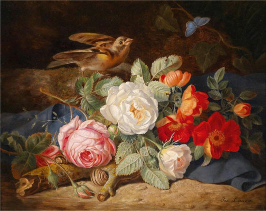 Bouquet of Flowers with Roses, Butterfly and Snail, vintage artwork by Josef Lauer, A3 (16x12") Poster Print