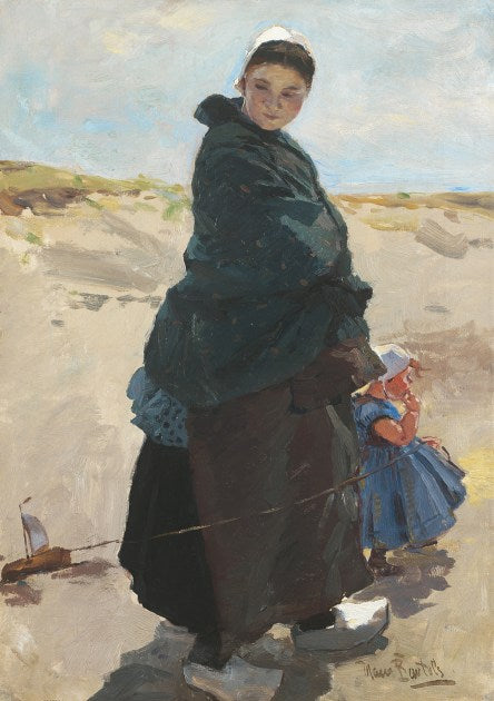 Fisher woman with child on the beach at Katwijk, vintage artwork by Hans von Bartels, 12x8" (A4) Poster