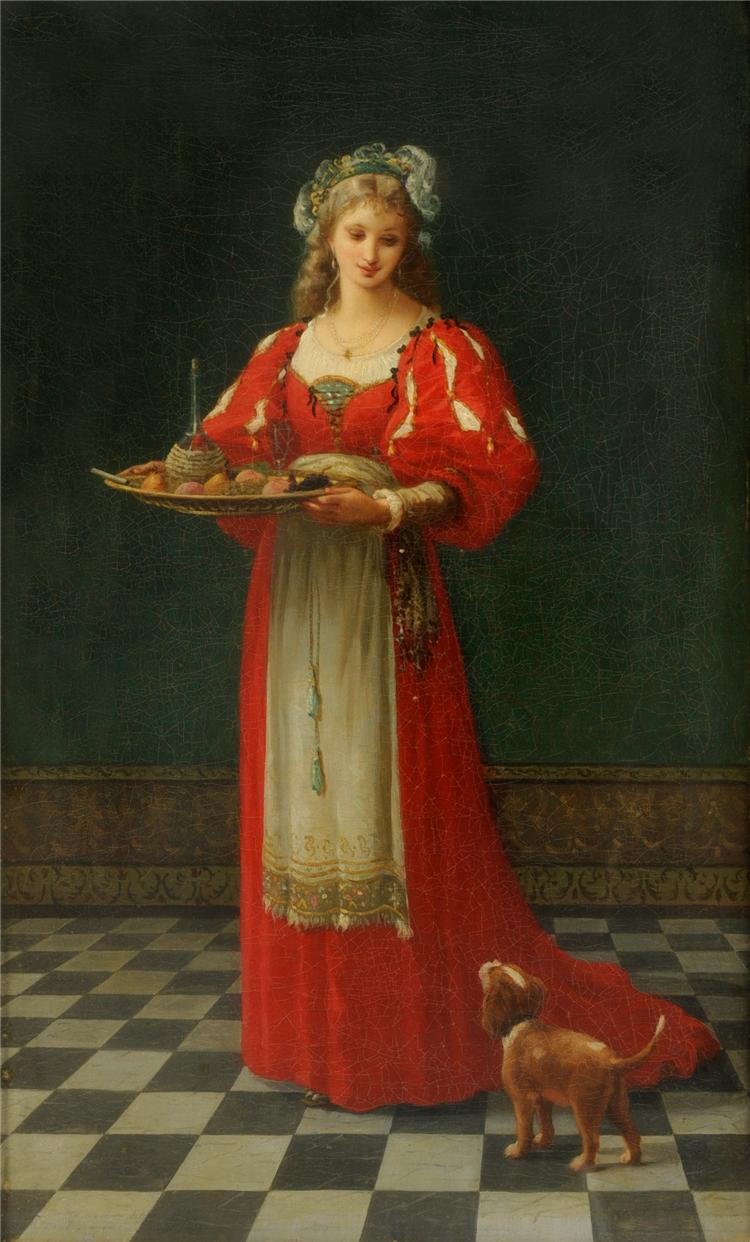 Interior Scene with a girl holding a tray of fruit with a dog by  her side, vintage artwork by Gustave Doyen, 12x8" (A4) Poster