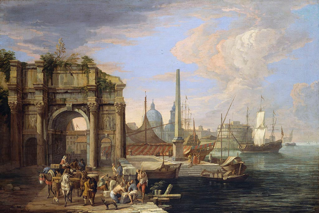 A Caprice View of a Harbour, vintage artwork by Luca Carlevarijs, 12x8" (A4) Poster